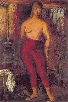 Oil painting of a female model standing in a room facing the viewer, wearing only red tights