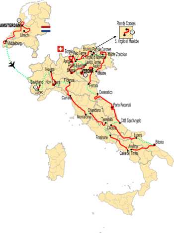 Map of Italy showing the path of the race, starting in Amsterdam and transferring to Savigliano in Italy before going counter-clockwise and reaching Apulia in the south before coming back north to finish in Verona, by the Dolomites in northeast Italy