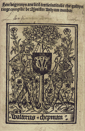 A black print on a yellowed background showing Adam and Eve with a tree between them on which is a shield with the initial WC and the name Walter Chapman printed below.