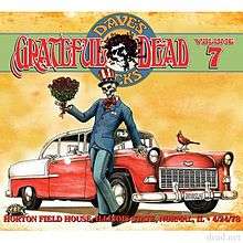 A skeleton, wearing a tuxedo suit and an Uncle Sam top hat, holds a bouquet of roses while leaning against a red and white '55 Chevy. A cardinal perches on the hood of the car, and a turtle walks nearby.