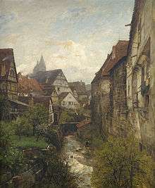 Painting of a small stream passing through the old town of Esslinger