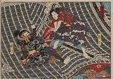 English: Woodblock print by Utagawa Kunisada I (unsigned, the print is the upper part of a ’two scenes’ print, only the lower part is signed). The actors Seki Sanjūrō III and Bandō Shūka I as Inukai Genpachi and Inuzuka Kiba in the Play ’Satomi hakkenden’, performed at the Ichimura theatre in 1/1852.