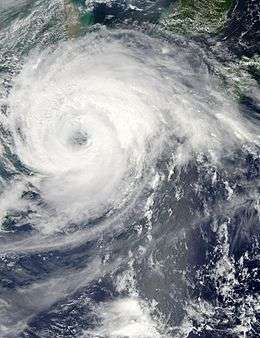 Satellite photo of storm, with well-defined "eye"