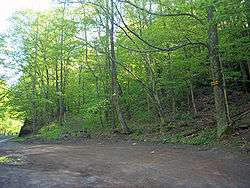 A large patch of dirt next to a paved road on the left of the image next to a concrete retaining wall, with woods on the other sides. A kiosk is visible next to a path leading gently uphill in the center. At the right a wooden sign says "State Land No Dumping" in gold letters on a brown background