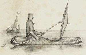 A lone figure wearing a top hat and overcoat, sitting in a small inflatable dinghy in open water with a large ship in the background. He holds an oar in one hand, and a large umbrella held horizontally in the other.