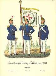 A drawing of three soldiers in colorful uniforms. One soldiers holds a flag.