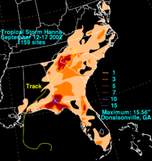 Map of rainfall totals from tropical storm. The map is focused primarily on the Southeast U.S.