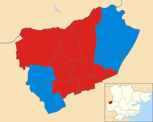 Harlow District occupies a fairly small, elevated proportion of the west of Essex, bordering the large north-eastern projection of Hertfordshire to the north.  From top left, clockwise the similarly shaped approximately rectangular wards are: Little Parndon & Hare Street, Netteswell, Mark Hall, (all electing Labour members this time) Old Harlow, Church Langley, (both electing Conservatives) Harlow Common, Staple Tye, (electing Labour), Sumners & Kingsmoor, Great Parndon, (electing Conservative this time) Toddbrook and finally Bushfair (electing Labour).  The map shows these 11 wards, the last two of which are landlocked forming part of the centre of the mixed urban and suburban town forming the district characterized by long, linear green spaces, sloped fields in Old Harlow ward and a southern wood known as Parndon Wood in Sumners & Kingsmoor ward.