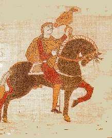 Tapestry image of a man on horseback holding a falcon