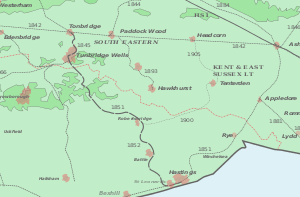 Map showing the Hastings Line in relation to railways in Kent.