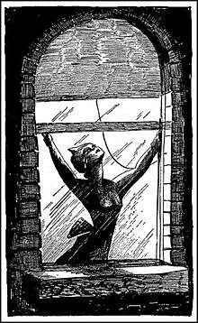 A black-and-white drawing of woman opening a window.