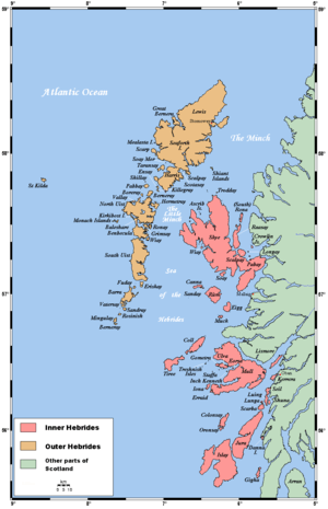 A map of the island chain of the Hebrides that lie to the west of the mainland of Scotland.