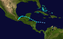 A path of a tropical storm, it starts in the Caribbean, hits Belize, enters the Gulf of Mexico, makes landfall in Mexico and then it dissipated over land