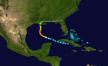 A map showing the path of a hurricane, with colored dots representing the storm's position at six-hour intervals, as well as its intensity based on a color scheme. The path begins at the right, moves generally to the left and crosses two land masses during that trek.
