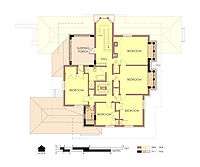 Hills House Second Floor Plan in 1975/76.  Alterations since 1906 are marked in orange with bold walls.