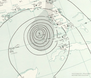 Contoured map of a tropical cyclone in a body of water. Contours denote isobars, and the location of the storm is marked with a tropical cyclone symbol.