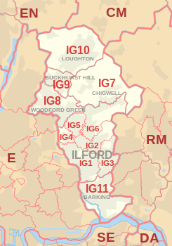 IG postcode area map, showing postcode districts, post towns and neighbouring postcode areas.