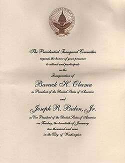 Cream colored with black cursive print invitation to the inauguration of Barack Obama with a gold inauguration logo at the top