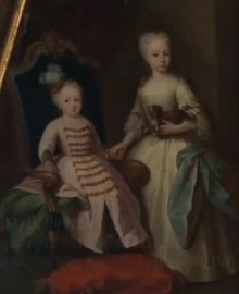 Painting showing a young boy seated (Prince Pedro) with an older girl by his side (Barbara of Braganza)