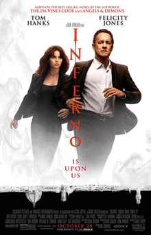 Tom Hanks as Robert Langdon with Felicity Jones as Sienna Brooks running together, with the film's title is in the middle between them, the film's director's name above and the billing and credits underneath them.