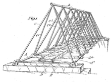 A patent drawing showing a footbridge constructed of triangular trusses