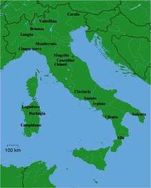 Map of Italy showing the names of a dozen common places.