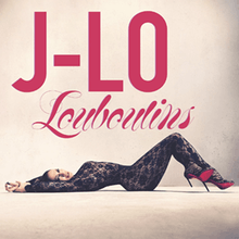 Against a pink background, a woman lies provocatively dress in a lace catsuit. She is wearing a pair of louboutin heels with the red bottoms. Above her in red writing it says the name of the artist and song.