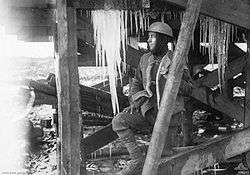 A man in military uniform standing under a wooden structure that has icicles hanging off it
