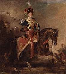 painting of man wearing British 19th century cavalry uniform astride a black horse
