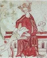 A drawing of King John wearing a crown and a red robe. The king is sat down and stroking two hunting dogs.