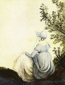 A sketch of a woman from the back sitting beneath a tree and wearing early 19th-century clothing and a bonnet