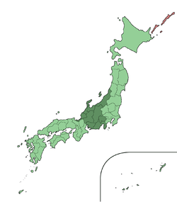 Map showing the Tōhoku region of Japan. It comprises the middle area of the island of Honshū.
