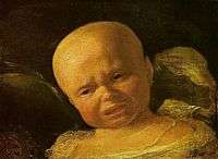 A painting which depicts an upset infant with furrowed brow and mouth opened in a cry