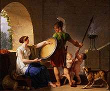Painting depicting a Spartan woman giving her son his shield.