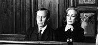 Man and woman on trial (black & white photo)