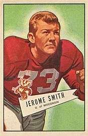 Football card illustration of Smith wearing a number 73 Wisconsin Badgers jersey and no helmet