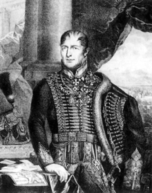 Black and white print of man in a hussar uniform of the early 19th century. He wears a laced-front dolman, while the pelisse hangs off his left shoulder.