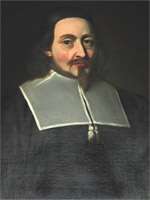 A head and shoulders portrait of Endecott. He wears a black magistrate's robe, with a falling collar or clerical rabat of gray. He has a narrow goatee beard and a moustache that roughly form a cross.