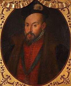 Miniature portrait of the Earl of Warwick, richly dressed in a slashed doublet with the Order of the Garter on a ribbon round his neck. He is a handsome man with dark eyes and dark goatee beard.