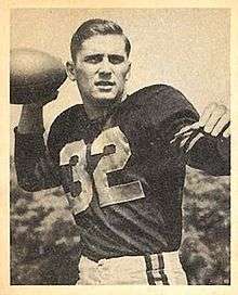 Lujack on a 1948 Bowman football card, wearing jersey No. 32, posing as if attemtping a pass