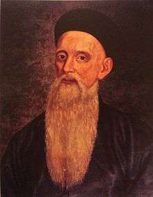 Painted portrait of the head and upper body of a western man with a long white beard who is wearing a black cap and a black robe.
