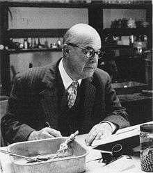 A balding man wearing glasses and a suit writes at a desk while consulting a book. In front of him is a tray of preserved lizards and a jar containing a snake.