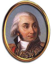 Oval painting of a man with white hair and dark mutton chops. He wears an elaborate uniform with lots of gold lace.