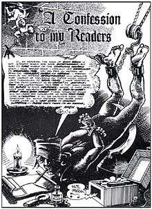 A comic-book panel of a naked man hanging over a sickle bound head to foot, drawing with a pen in his mouth