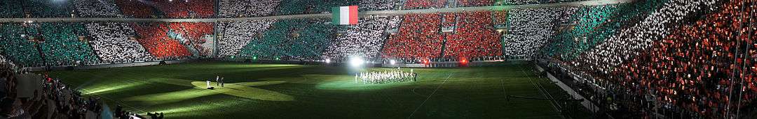 A panorama overview of the Juventus Stadium during its opening ceremony with a Italian banner choreography.
