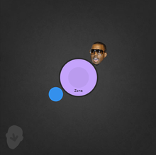 A gray square with a purple circle at the center: a smaller blue circle is below it on the left, and a small image of Kanye West's head is at its top right.