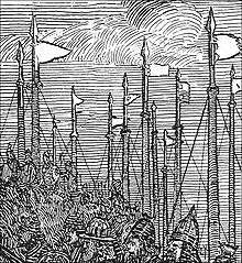 Black and white drawing of a snapshot showing shipmasts with flags and warriors marching below.