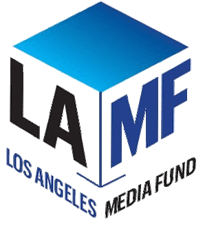 A cube is in the middle and the top is only materialized, with the sides of the cube on the bottom of the top outlined, with a color gradient from bottom left to top right, with the colors light and dark blue respectively. The letters "LA" and "MF" are on both sides, with "LA" black and "MF" blue. Underneath the letters with reverse coloring read "Los Angeles Media Fund".