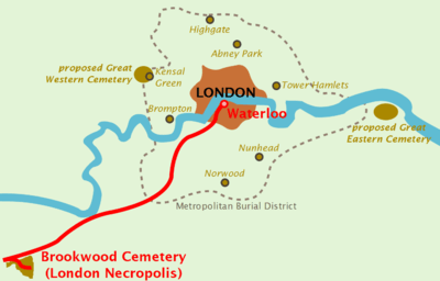 Map of a city surrounded by small cemeteries, and two larger proposed cemeteries slightly further out. A railway line runs from the city to a single large cemetery to the southwest, a long way further out.