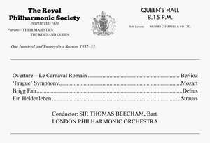 concert programme, listing Berlioz's Overture Roman Carnival; Mozart's Prague Symphony; Delius's Brigg Fair and Richard Strauss's Ein Heldenleben